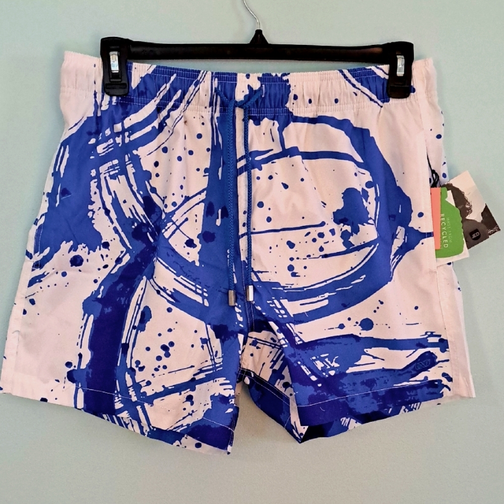 LE CLUB Mens Bright Blue And White Swim Shorts, Size XL